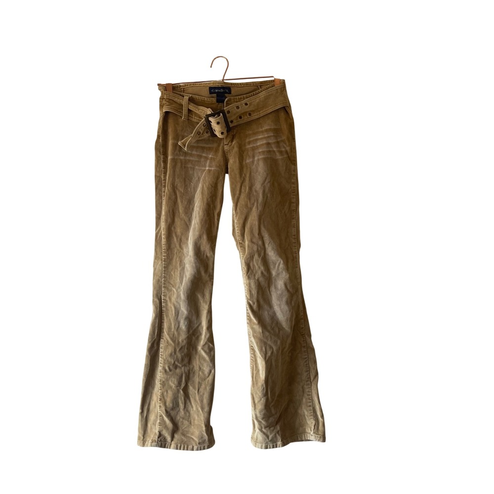 Candies Womens Tan Corduroy Flare Pants Grommet Belt Y2K Vintage Style Sz 8